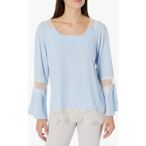 NY Collection Bell Blouse with Tie at Back and Lace Trim Blue S 4-8 NWT